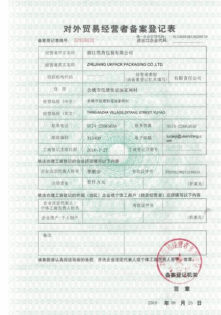 Китай Zhejiang Ukpack Packaging Co., Ltd. Сертификаты
