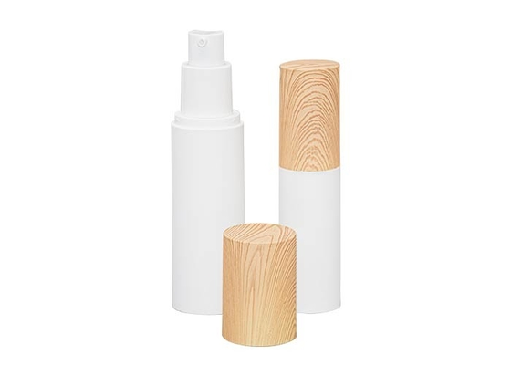 Design of water transfer printing wood grain over cap PP Airless bottle 15ml 30ml 50ml